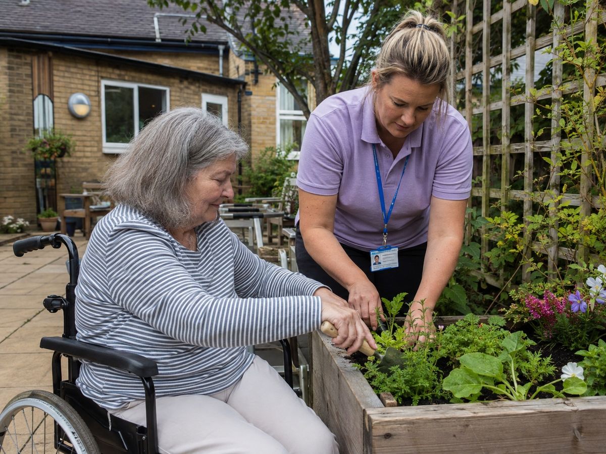 A woman in a wheelchair planting herbs in a raised bed with a support worker