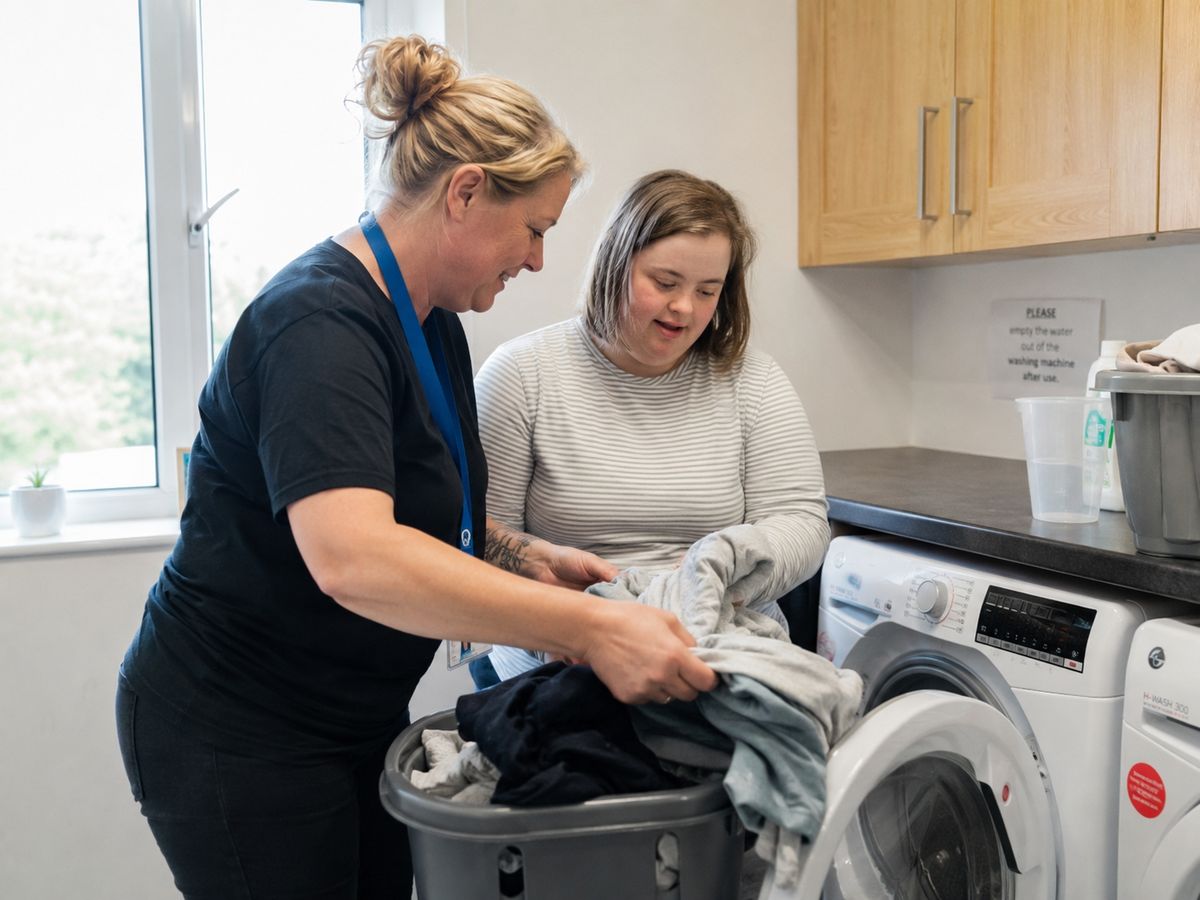 A support worker and a young woman sorting laundry together in a kitchen